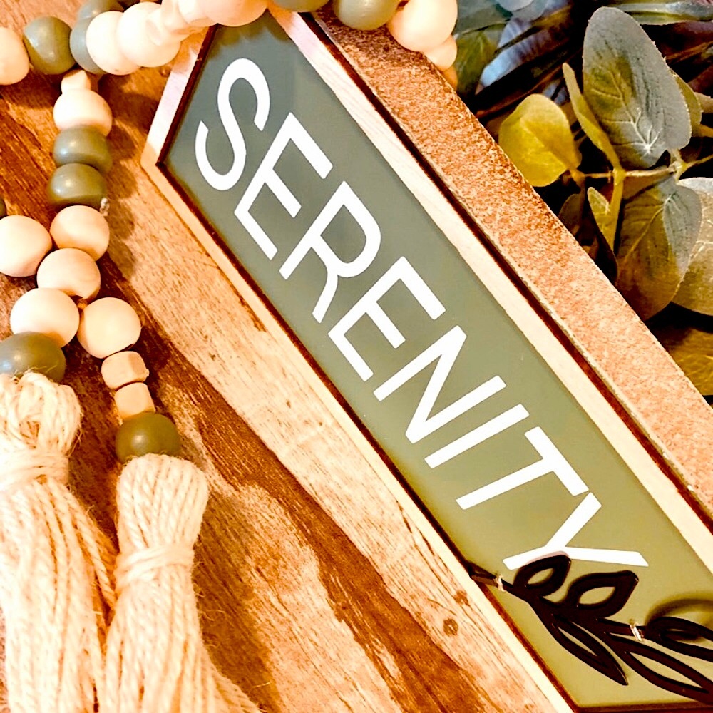 Tranquility "Serenity"  Wooden Block Freestanding Sign & Bead Tassel Garland